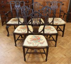 Six old reproduction mahogany dining chairs comprising four Hepplewhite shield-backs and two