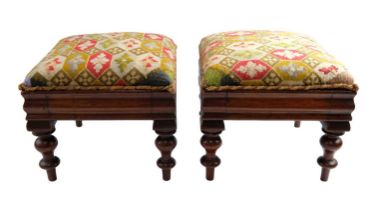 A pair of Victorian tapestry upholstered mahogany footstools, 30 x 30 x 27 cm