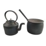 An early 20th Century No 4 cast iron kettle together with a similar cast iron saucepan by Kenrick,