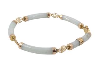 A Chinese jade and 14 ct gold bracelet, having curved jade rods joined by pierced links decorated