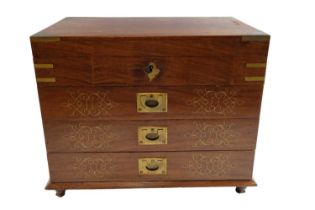 A late 20th Century Indian brass-inlaid hardwood jewellery cabinet, comprising a hinged lid