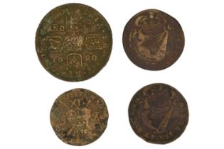 A James II 1690 Gun Money crown coin, a 1687 one shilling, and two 1686 half-pennies, second Irish