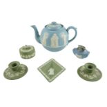 A group of Wedgwood green and blue Jasperware together with Wedgwood style bullet-form teapot