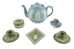 A group of Wedgwood green and blue Jasperware together with Wedgwood style bullet-form teapot