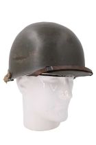 A Second World War US M1 steel helmet, having a frontal edge seam, swivel bales and Firestone liner