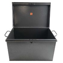 A steel deed box with key, 42 cm x 28 cm x 26 cm