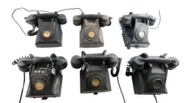 Six 1940s Bakelite 300 series model '332 CB' telephones, including two fitted with switches for