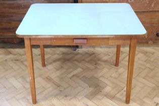 A 1950s -1970s Formica topped hardwood kitchen table, having a drawer in the frieze, 100 x 70 x 78