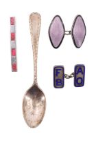 A silver coffee spoon, two enamelled cufflinks and a pendant marked '925', 20 g