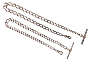 Two early 20th Century silver graduated curb-link watch chains, 68.81 g gross, longest 38 cm