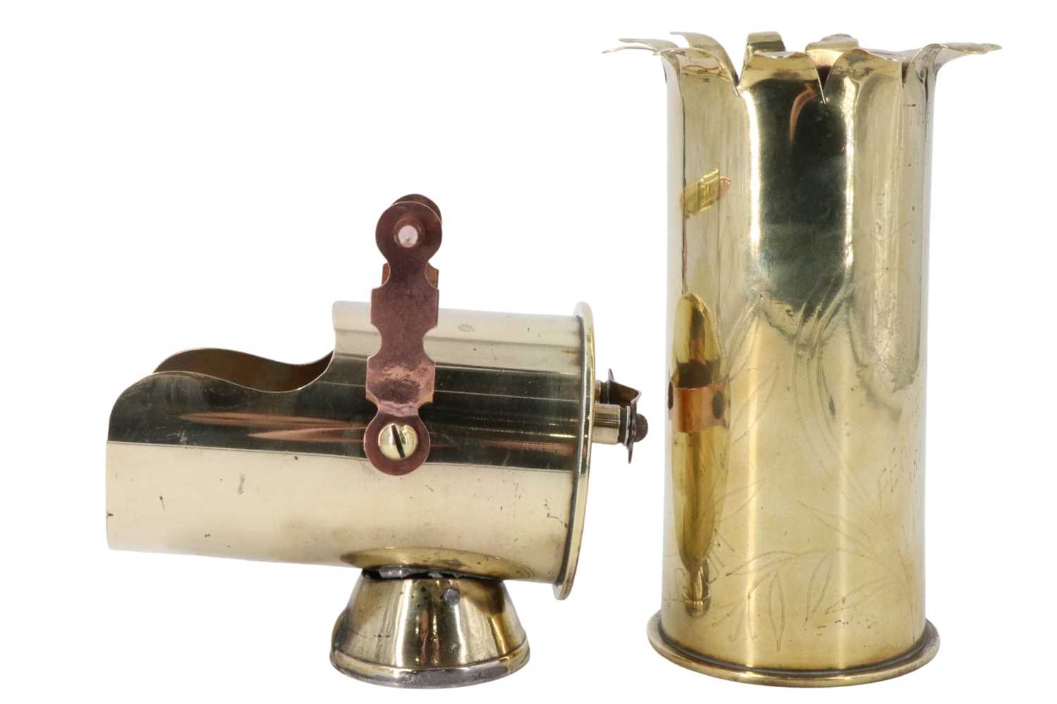 A Great War trench art brass shell case sugar scuttle, dated 1916, together with a vase / poker - Image 4 of 5