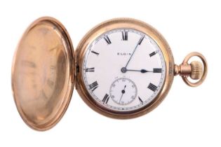 An Elgin rolled-gold hunter pocket watch, having a rose engine turned case with milled edge, the