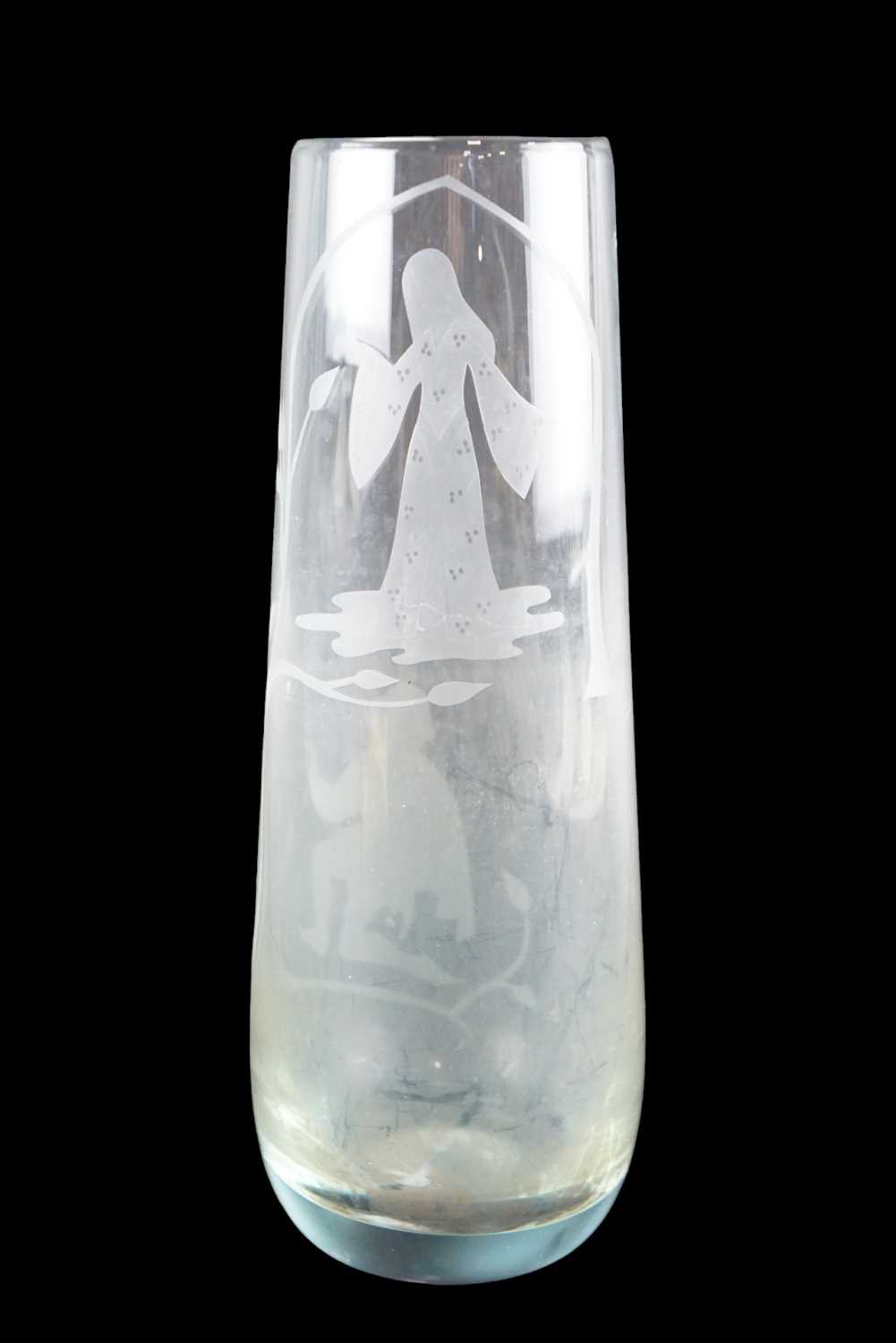 A late 20th Century Caithness glass 'Romeo and Juliet' vase, having etched decoration, 23 cm
