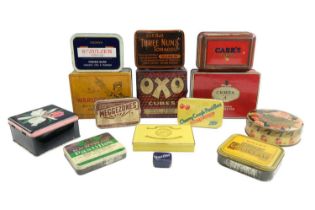 A quantity of advertising tins, including OXO Cubes, Warlock, Carr's of Carlisle, etc