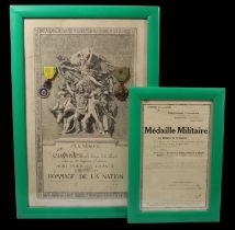 A French 1870 Military Medal, 1914-1918 Croix de Guerre with bronze star and two framed certificates