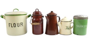 A group of mid 20th Century enamelled kitchenalia, including flour bin, a 'Koffie' pot, etc