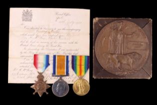A 1914-15 Star, British War and Victory Medals with Memorial Plaque to 3-8506 Pte Frederick McKay,