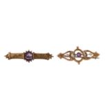 Two Victorian amethyst brooches, comprising a 9 ct gold bar brooch set with a hexagonal stone and
