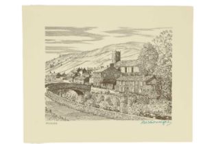 Alfred Wainwright (1907-1991) “Muker”, a charming study of the Yorkshire village with the River