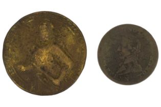 An 18th Century Admiral Vernon commemorative medallion together with an 1814 Duke of Wellington half