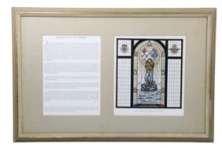 A framed print and description of the Coastal Command Commemorative stained glass window, in card