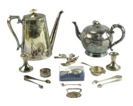 Two Edwardian electroplated tea and coffee pots, sugar tongs, a decanter label, etc