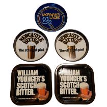 Five printed tinplate brewery advertising trays, comprising two William Younger's Scotch Bitter, two