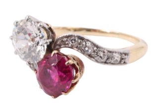 A diamond and ruby crossover ring, comprising a brilliant diamond and a brilliant ruby, each of