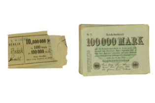 A paper-wrapped bundle of Weimar German hyper-inflation 100,000 mark banknotes