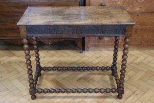 A quality old reproduction late 17th Century bobbin-turned oak side table, circa 1902 using older