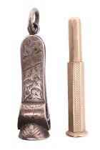 A 1930s Sampsom Mordan 9 ct gold cigar pricker, 5 cm, 5.6 g, together with a Victorian silver