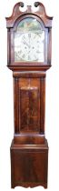 An early 19th Century mahogany long case clock, having an 8-day movement and painted broken-arched