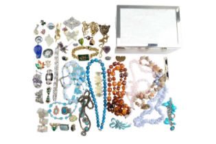 A jewellery box and quantity of vintage and later costume jewellery, including glass bead necklaces,