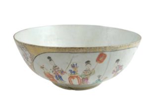 A large Qianlong Chinese export famille rose porcelain punch bowl, 35.5 x 15 cm, (a/f)