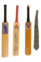 Three Lancashire County Cricket Club autographed bats together with a neck tie