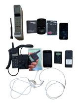 Six 1980s and later mobile telephones, comprising a Motorola 8000S DynaTac, Ericsson EH238 including