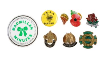 Eight lapel badges, including enamelled British Field Sports Society, two Boy Scouts, PDSA Busy Bee,