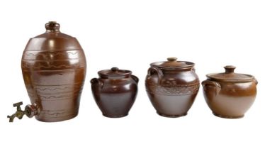 A group of Victorian / early 20th Century salt-glazed stoneware, including lidded jars, a barrel