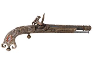 A reproduction Scottish all steel flintlock pistol, 7 inch barrel, the full length stock with rams