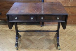 An old reproduction Regency mahogany sofa table, 93 x 61 x 76 cm closed, (61 x 155 open)
