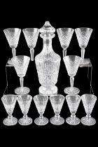 A Waterford Tramore pattern decanter together with six large and six small Waterford wine glasses,