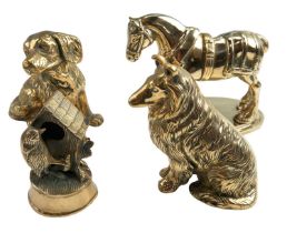 A mid-to-late 20th Century cast brass dray horse, a collie, a labrador and a bird at a birdhouse,