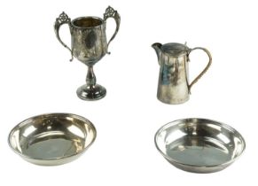 A silver-plated trophy cup together with two electroplate dishes and a coffee pot, trophy 28 cm
