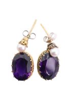 A pair of amethyst and pearl ear pendants, each comprising an oval-cut amethyst of approx 5.75 cts