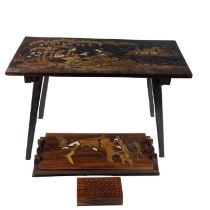 Three items of mid 20th Century marquetry inlaid Indian rosewood, comprising an occasion table, tray