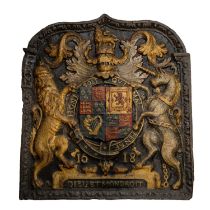 A 19th Century cast iron armorial fire-back, displaying the arms of James I and dated 1618, 64 x