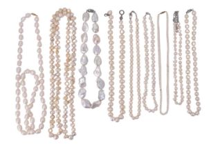 Nine various late 20th Century cultured pearl necklaces, longest 120 cm