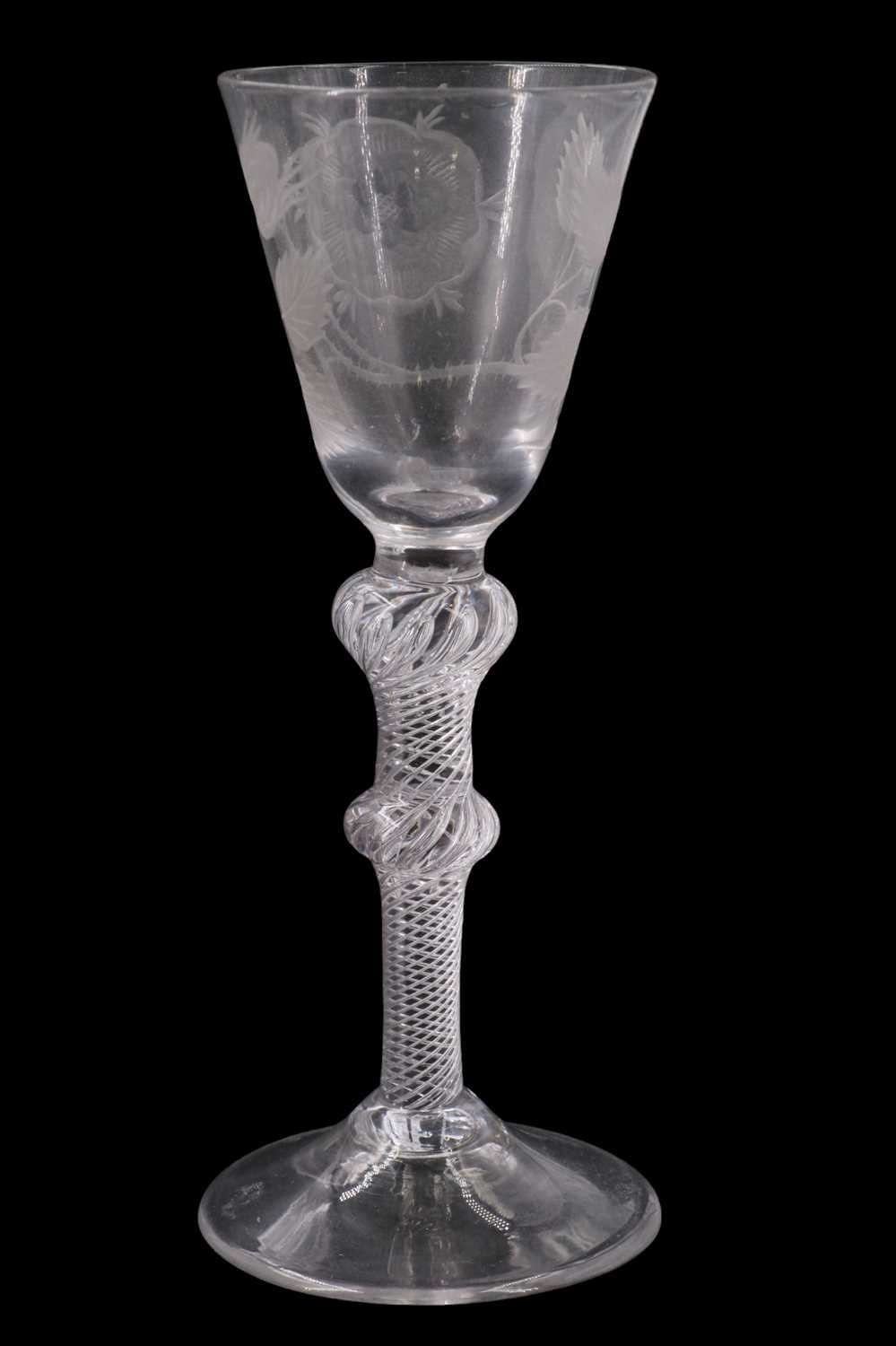 A Jacobite wine glass, having a conical funnel bowl and double-knopped multiple spiral air twist - Image 3 of 5