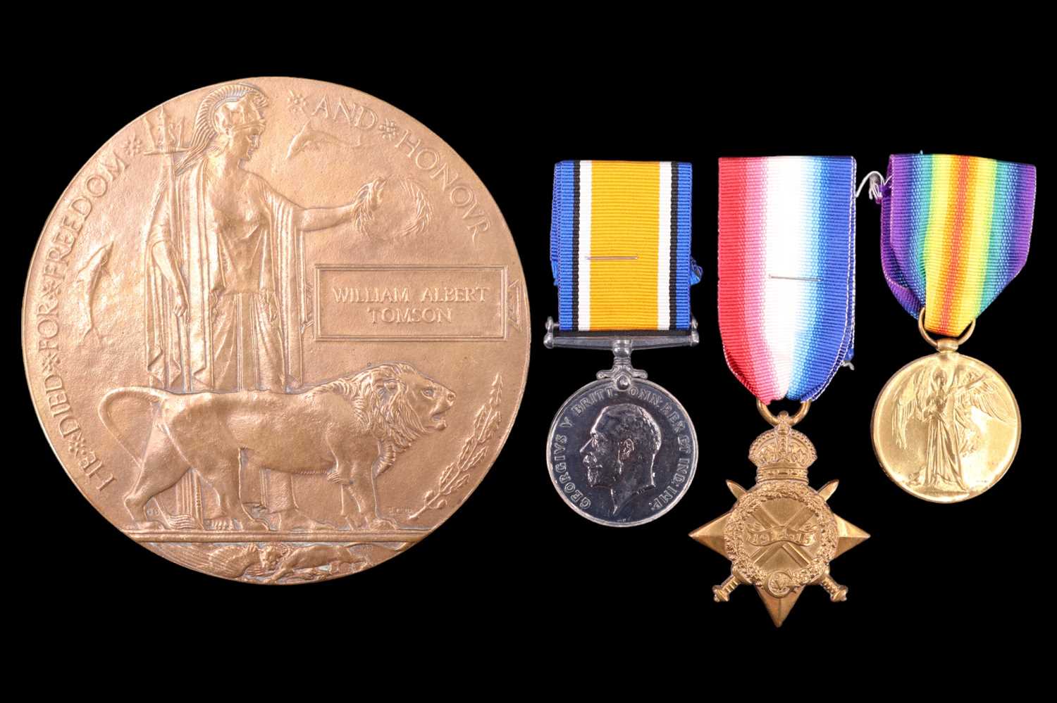 A 1914-15 Star, British War and Victory Medals with Memorial Plaque to 54097, Gnr William Albert