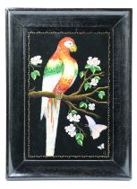 A late 19th / early 20th Century verre eglomise and butterfly wing parrot, label verso of Atelier